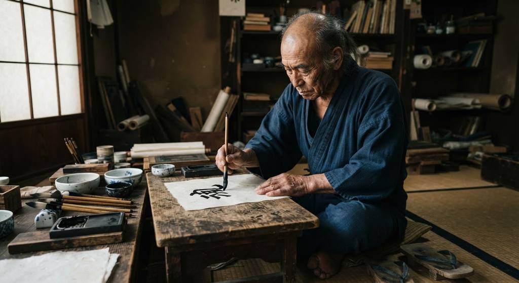 An artisan's hand uses a brush to carefully paint black kanji characters onto a sheet of handmade rice paper.