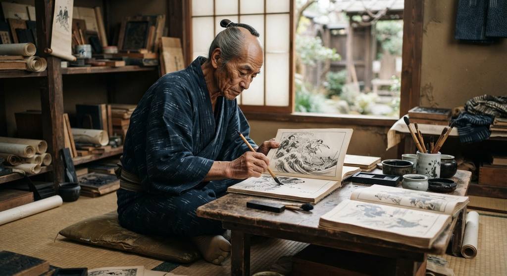 Open illustrated booklets on a table display dynamic ink sketches of fishermen and crashing ocean waves.