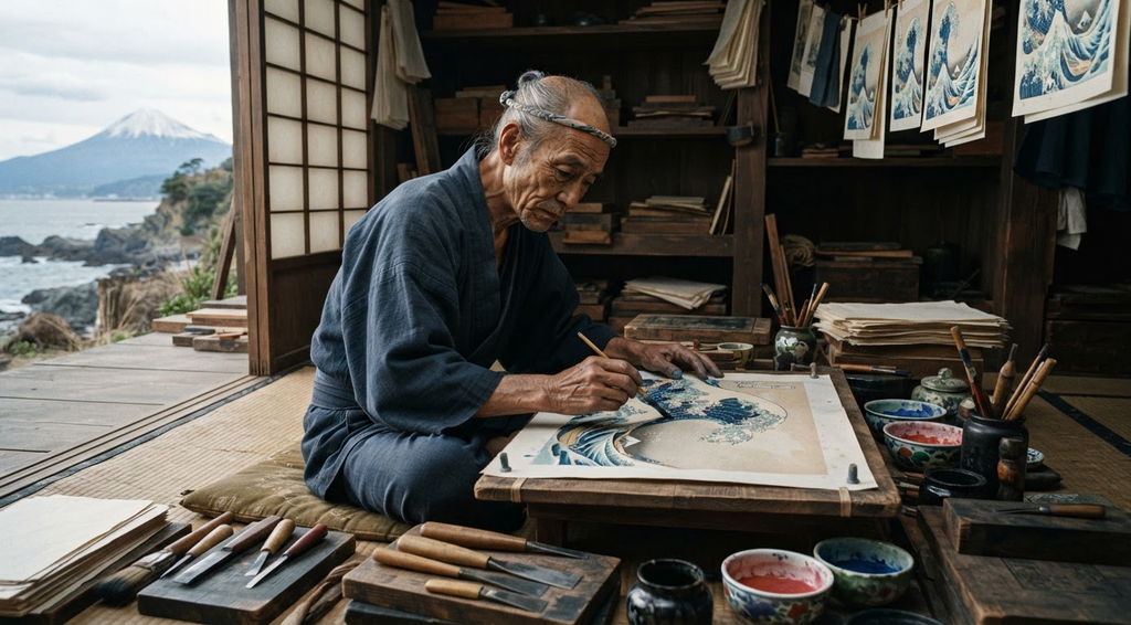 A detailed woodblock print shows towering blue sea waves with a distant Mount Fuji on the horizon.