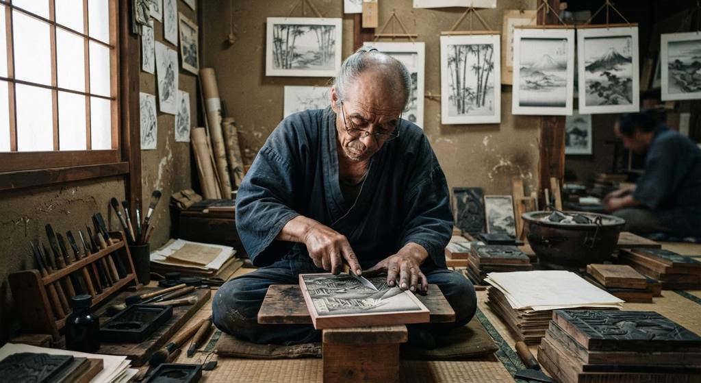 Monochrome woodcut prints of Mount Fuji framed by bamboo groves rest on a wooden workspace.