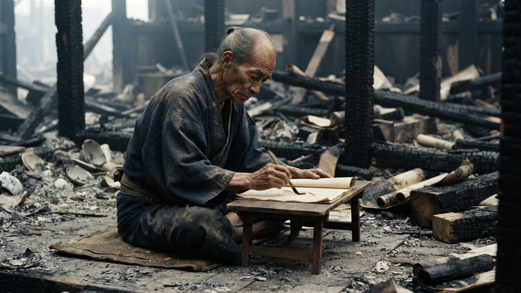 An elderly artist sits amidst the charred timber and ashes of a destroyed studio, sketching on a pad.