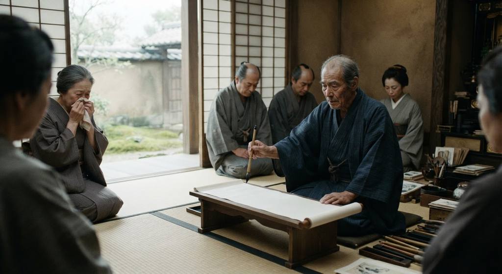 An old master painter holds a long-bristled brush over a silk scroll in a quiet, dimly lit room.