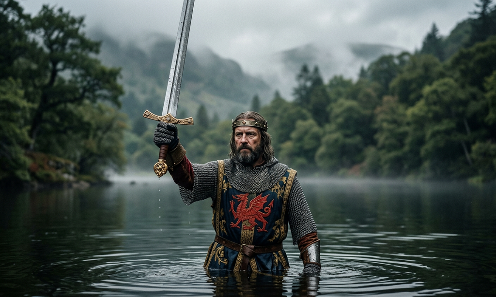 A hand rises from a calm lake, holding a gleaming medieval broadsword toward the sky.