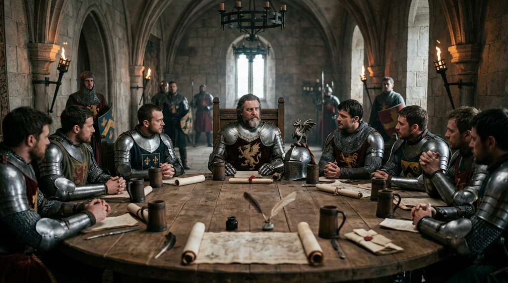 Armored knights sit around a massive circular wooden table inside a stone hall.