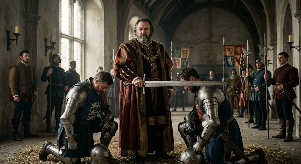 A king in royal robes holds a sword flat across the shoulders of kneeling knights.