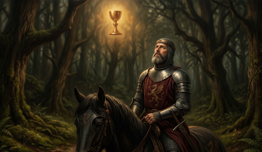 A radiant golden chalice floats in a glowing light above a dense forest canopy.