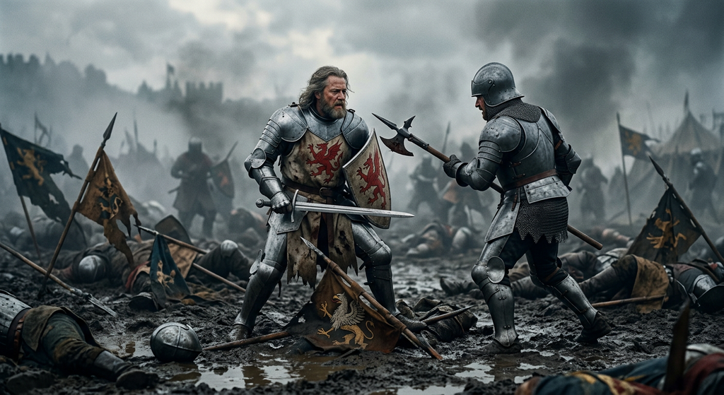 Two armored knights clash with swords on a misty battlefield littered with banners.