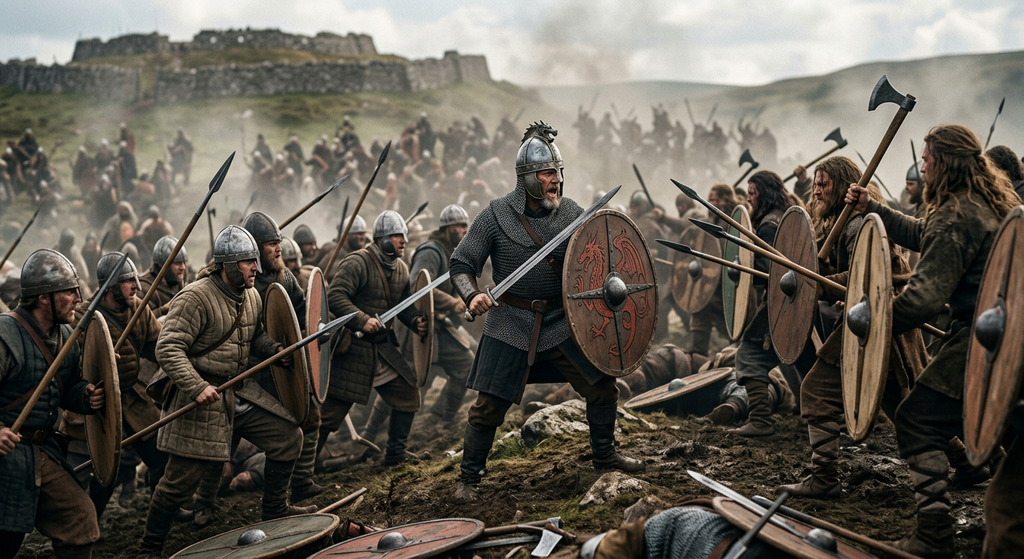 British warriors form a defensive shield wall against invading Saxons on a muddy battlefield.