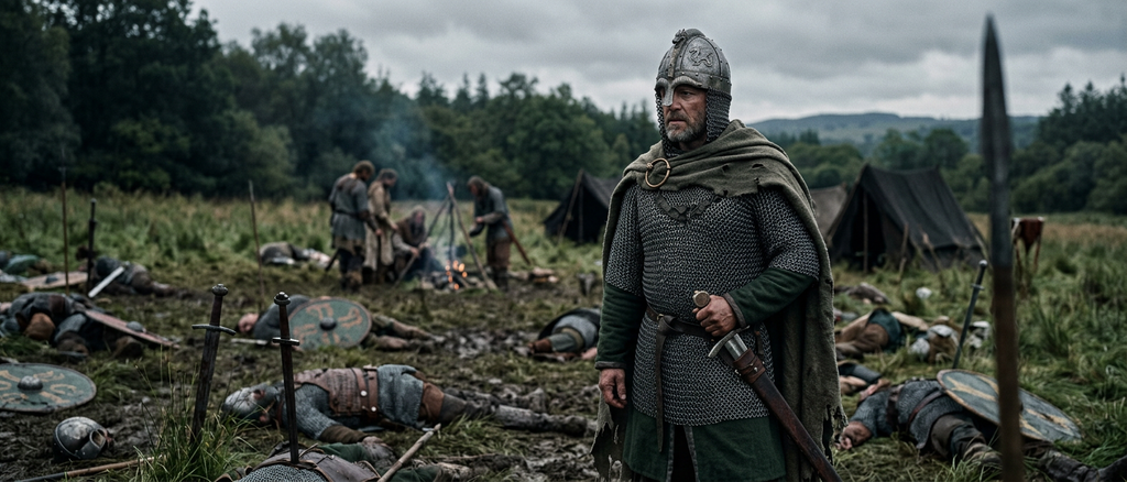 Shattered swords and fallen knights lie across a desolate field under a dark, stormy sky.
