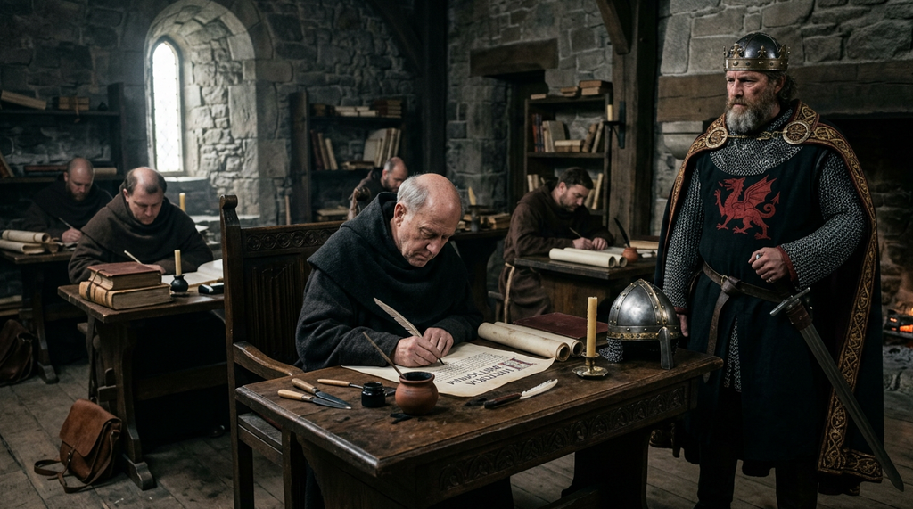 A medieval monk writes on parchment inside a dimly lit stone scriptorium.