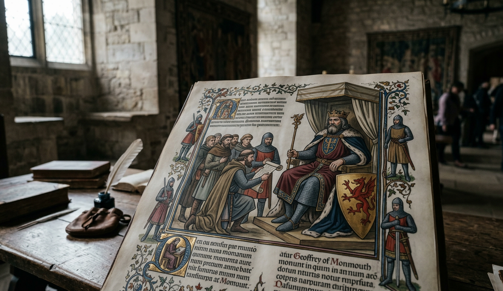 An illuminated manuscript page depicts a crowned king presiding over his royal court.