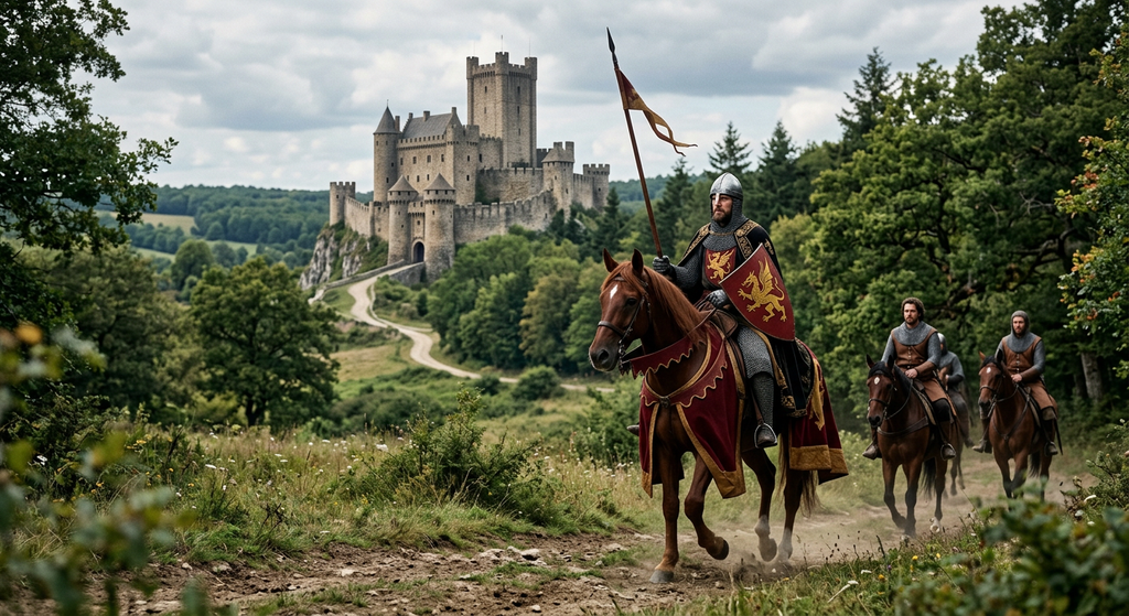 An armored knight on horseback rides toward a towering medieval castle.