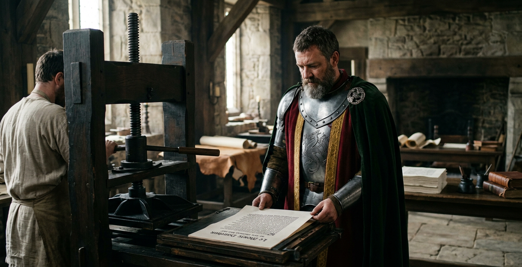 An early printing press produces paper pages beside a thick leather-bound volume.