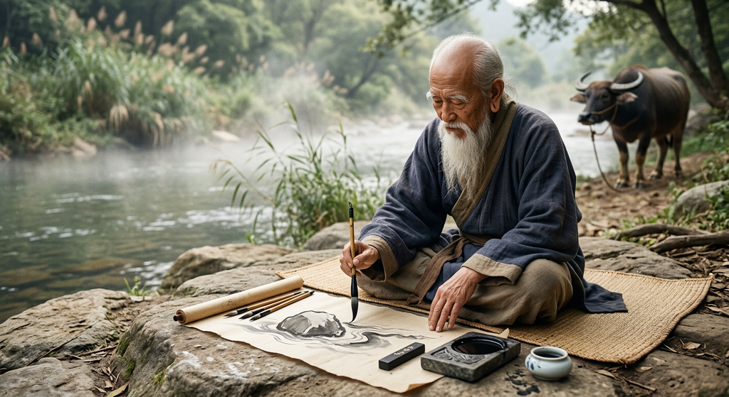 An ink wash painting depicts a river flowing smoothly around a large rock.