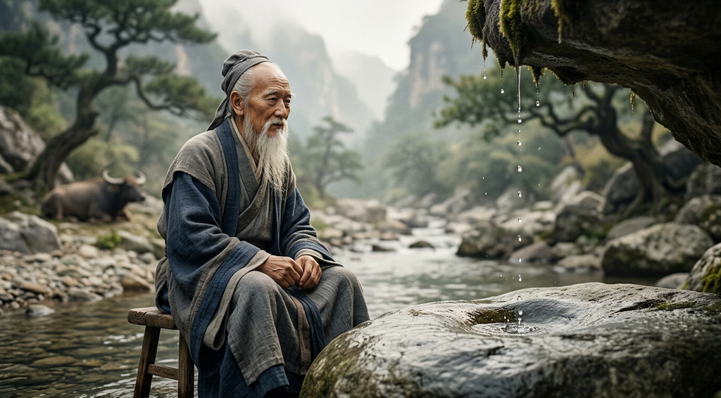 Water droplets drip onto a smooth stone sitting in a tranquil stream.