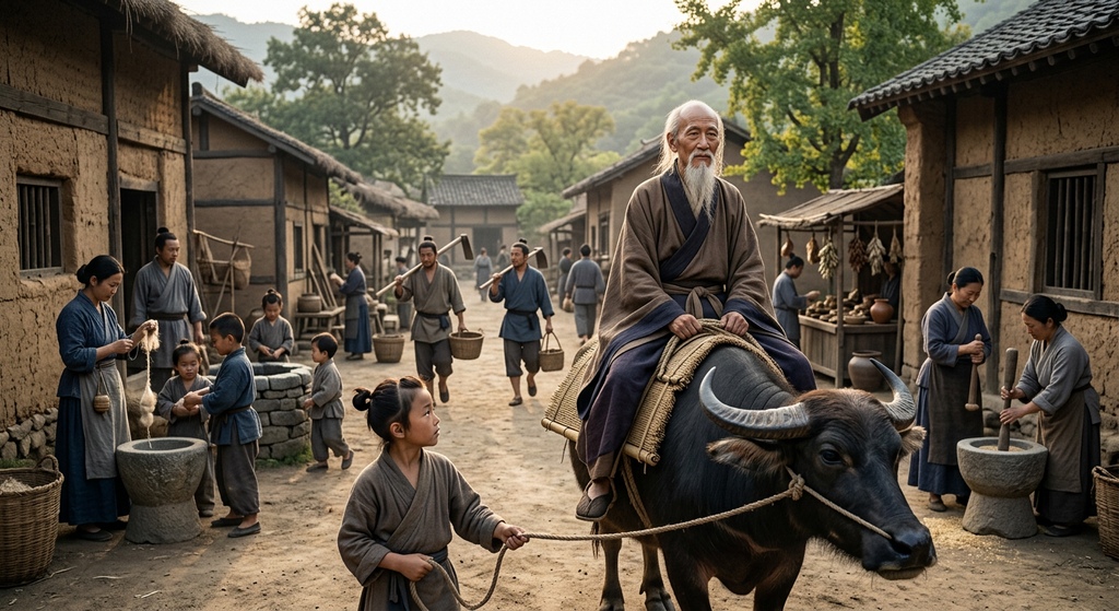 Villagers go about daily life in a peaceful ancient Chinese settlement.