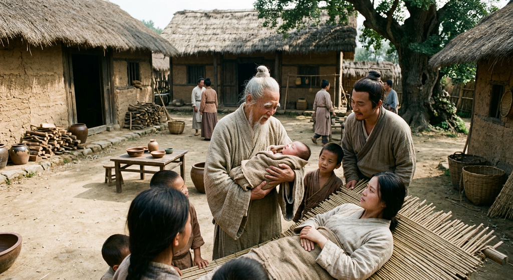 An elderly Laozi with a long white beard stands among thatched homes in an ancient village.