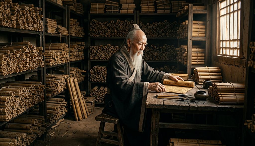 Laozi stands in a dimly lit archive surrounded by stacks of ancient bamboo scrolls.