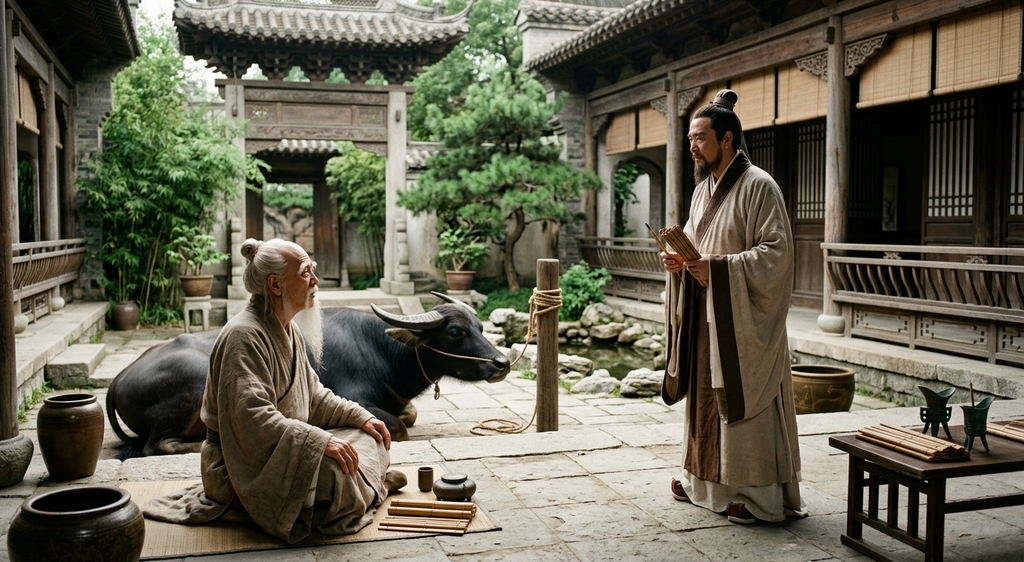 Laozi and a scholar converse while standing in a formal stone courtyard.