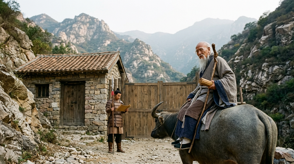 Laozi on a water buffalo approaches a stone guardhouse and wooden gate.