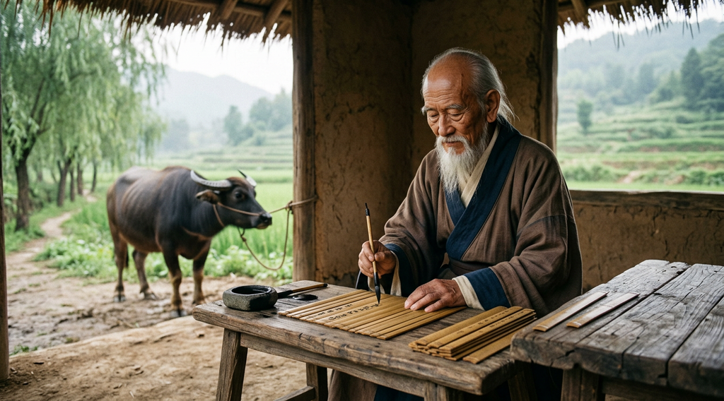 Laozi sits and writes characters onto bamboo slips using an ink brush.