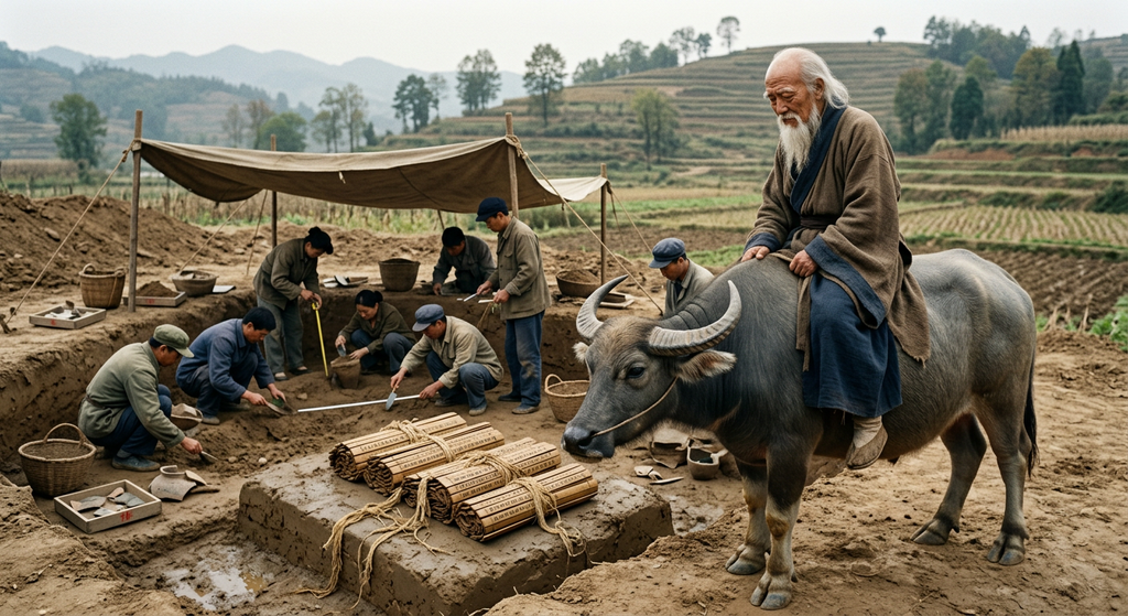 Ancient bamboo slips bound with string lie in a dirt archaeological excavation site.