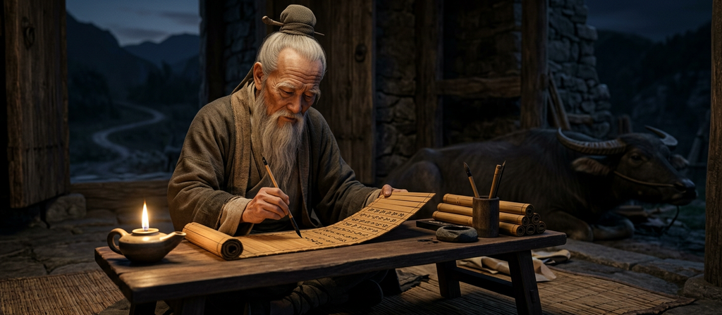 An ancient Chinese historian writes on a scroll by candlelight in a dark room.