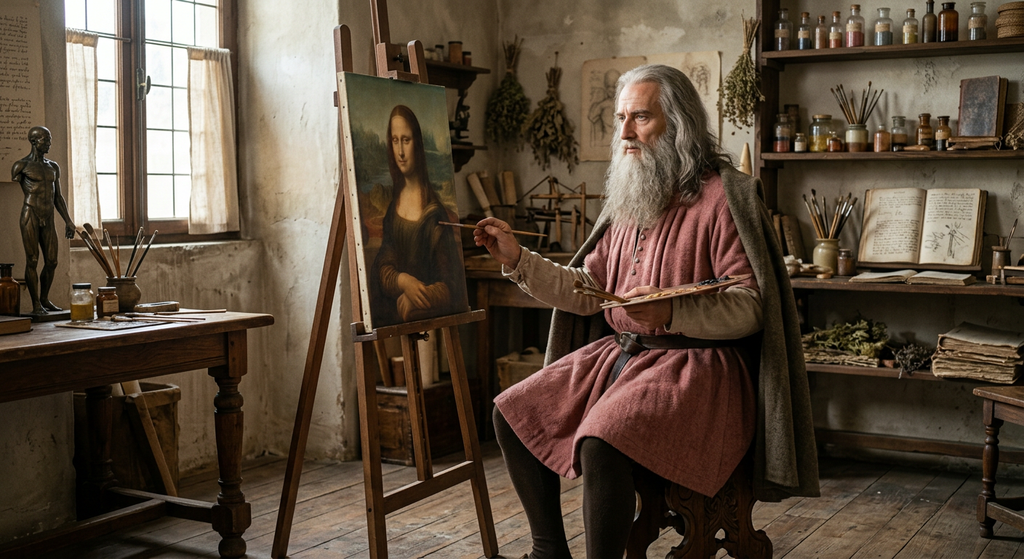 Leonardo da Vinci examines an unfinished portrait on a poplar panel set upon an easel in his studio.