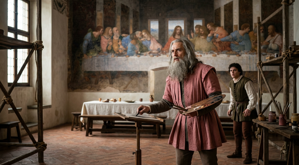 Leonardo da Vinci stands before a refectory mural depicting a supper with thirteen figures.