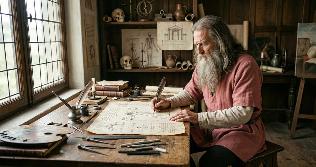 Leonardo da Vinci studies a drawing on aged parchment showing human proportions within geometric shapes.