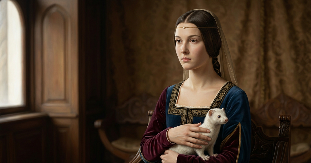 Leonardo da Vinci works on a portrait of a young woman holding a small white ermine.