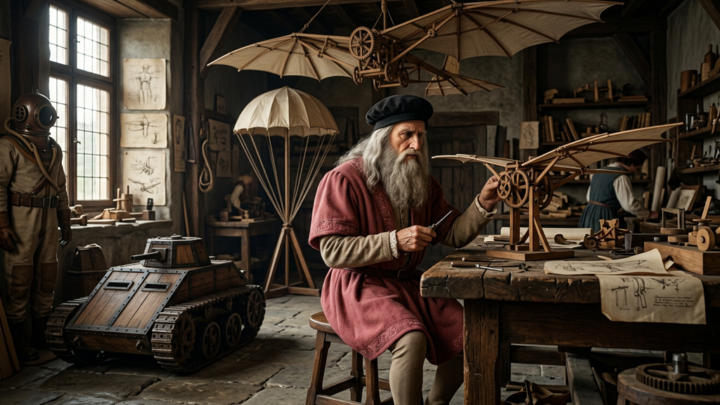 Leonardo da Vinci inspects a wooden flying machine model inside his workshop filled with inventions.