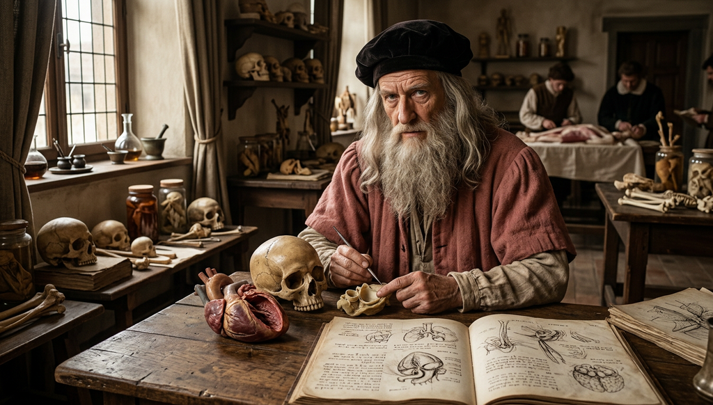 Leonardo da Vinci examines detailed anatomical studies of a skull and heart in his workshop.