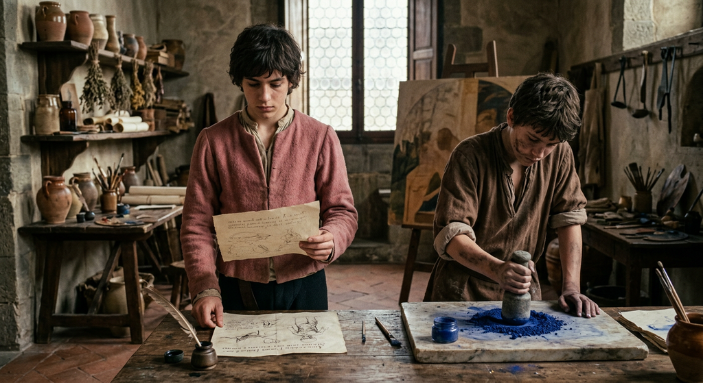 Leonardo da Vinci in a rose tunic stands in a Florentine workshop near an apprentice grinding pigments.