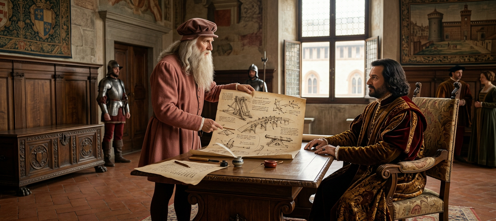 Leonardo da Vinci presents engineering drawings to a duke in a courtly room in Milan.