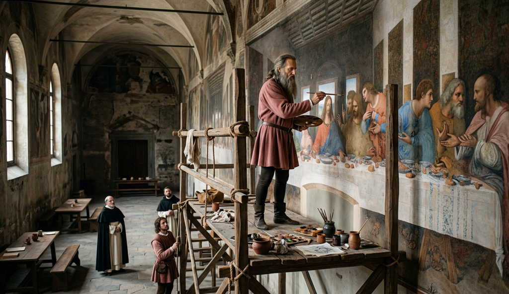 Leonardo da Vinci stands on scaffolding painting a mural on the wall of a monastery refectory.