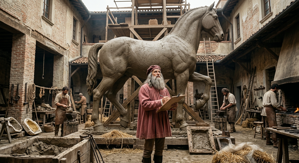 Leonardo da Vinci stands near a colossal clay horse model inside a courtyard workshop.