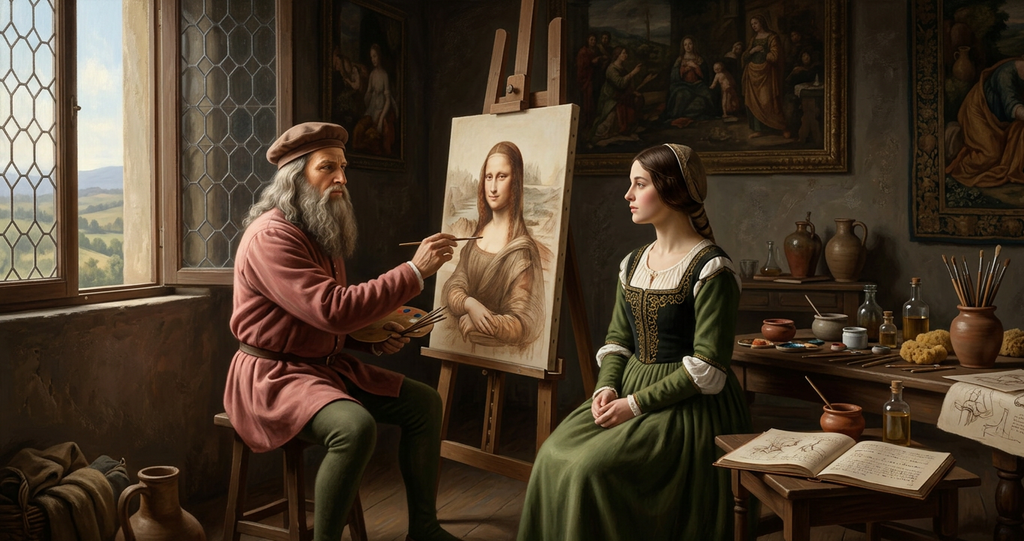 Leonardo da Vinci works near an easel with an unfinished portrait beside a seated model by a window.