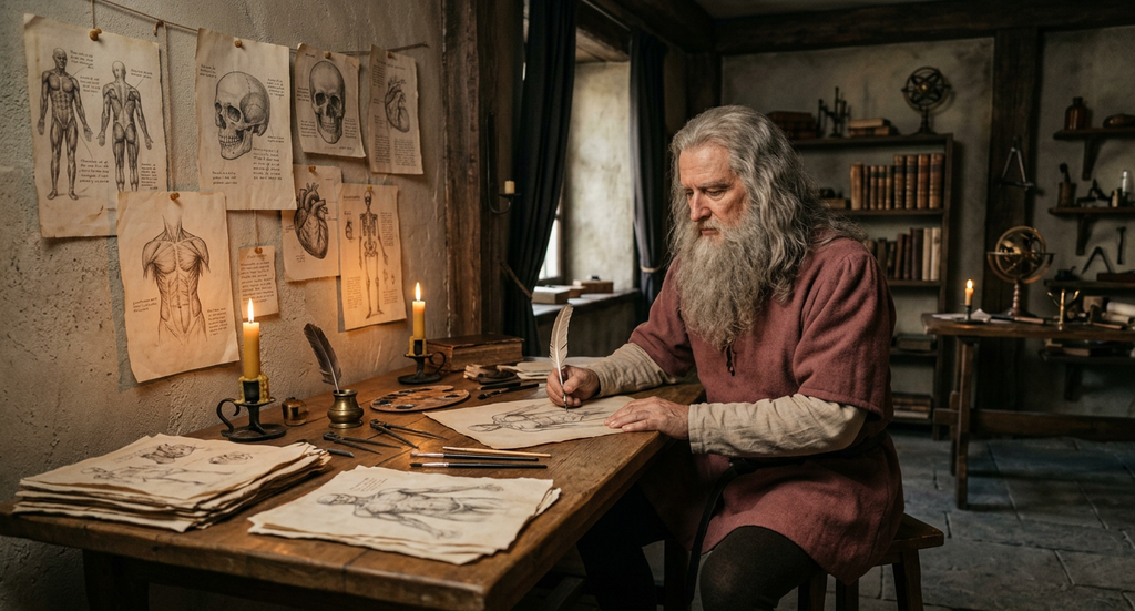Leonardo da Vinci stands in a candlelit study surrounded by anatomical drawings pinned to the walls.