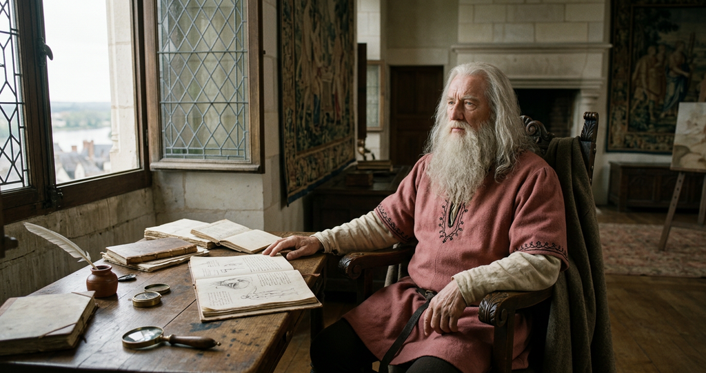 Leonardo da Vinci rests by a window with his open notebooks in a quiet room at Amboise.