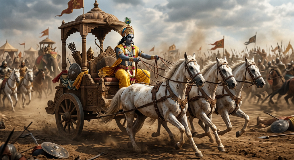 Lord Krishna holds the reins of white horses attached to a chariot on a battlefield.