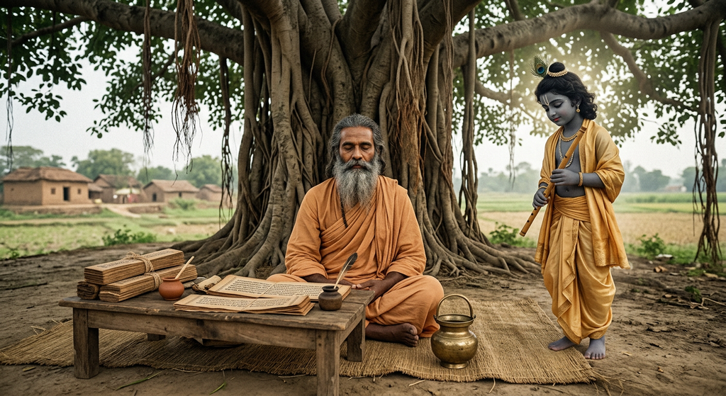 A sage meditates near palm leaf manuscripts while Lord Krishna stands nearby.