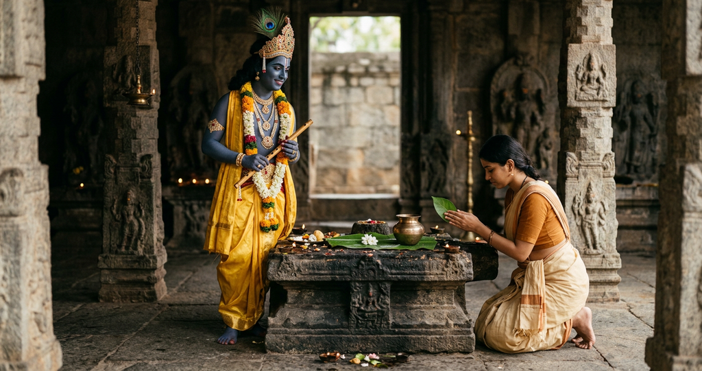 A leaf, flower, and water sit on a stone altar before Lord Krishna.
