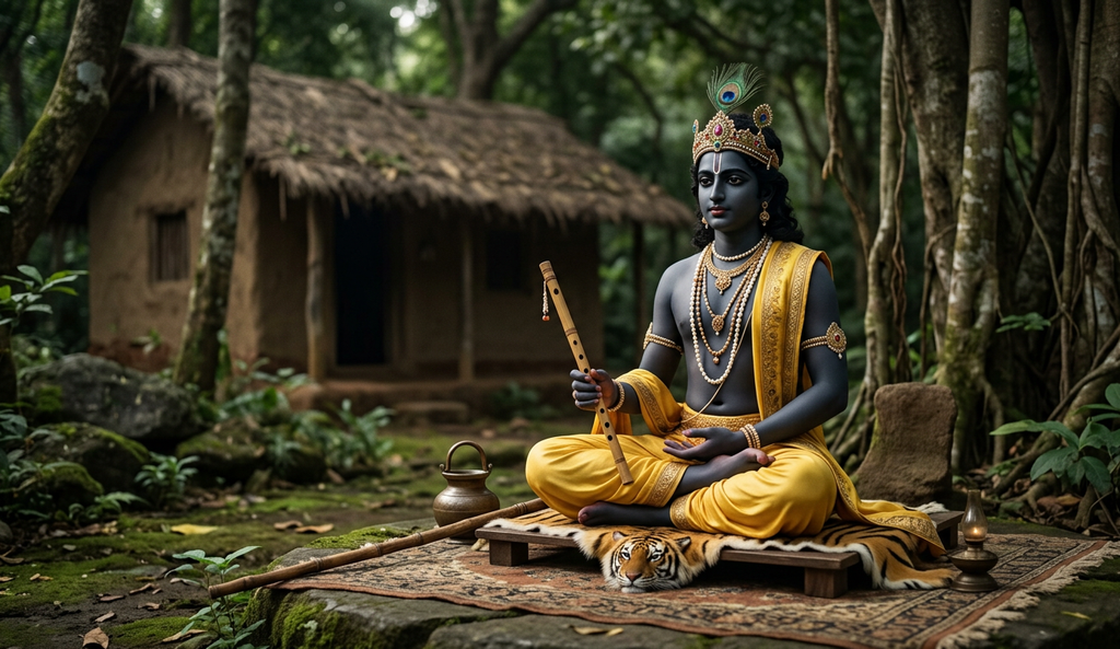 Lord Krishna sits in a lotus posture in front of a quiet forest hermitage.