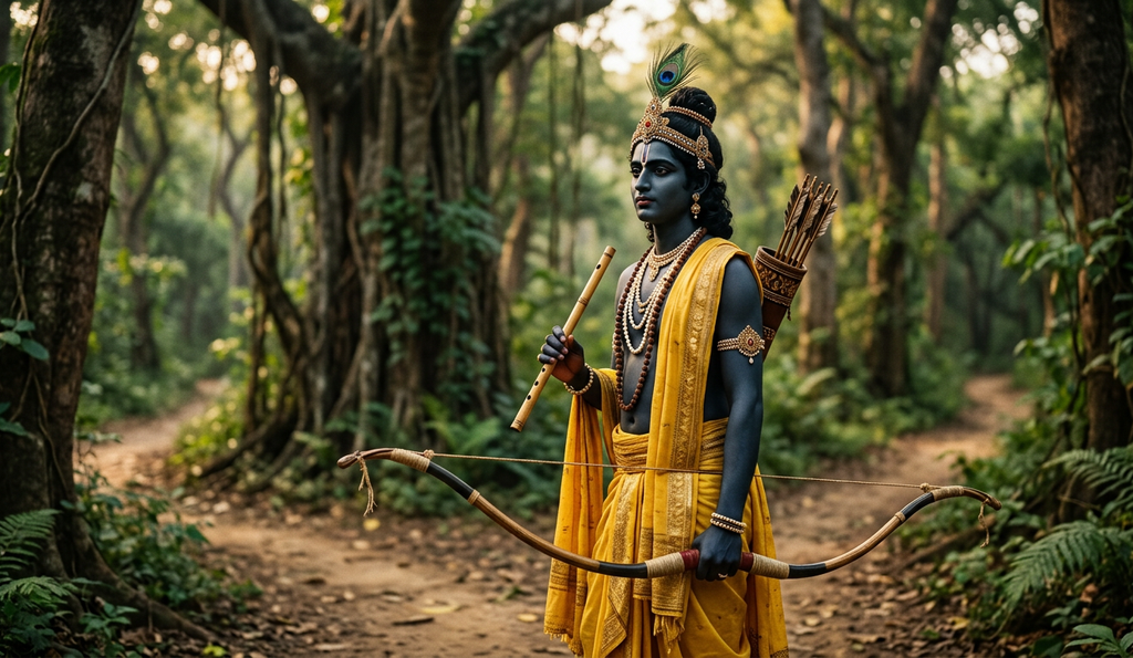 A warrior with a bow stands at a forest crossroads with Lord Krishna.