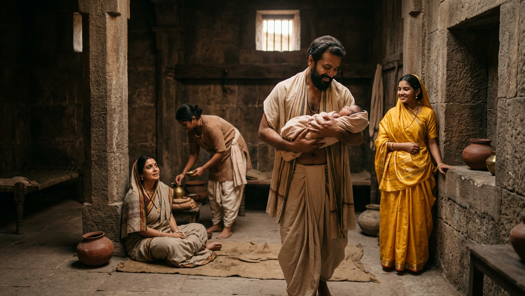 A man carries a newborn through a stone prison cell while Lord Krishna stands nearby in yellow silk.