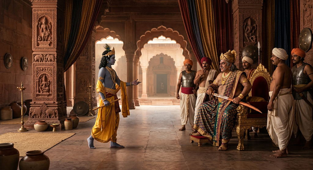 Lord Krishna in a peacock crown confronts a king inside an ornate palace.