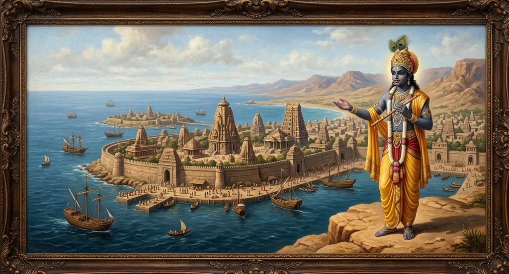 Lord Krishna stands before an island city with ancient Vedic architecture surrounded by the sea.