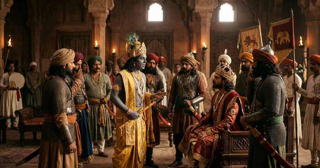 Lord Krishna in yellow silks speaks to kings and warriors in a royal assembly.