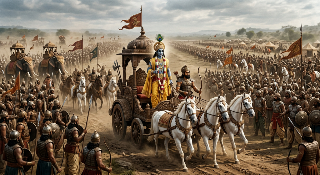 Lord Krishna stands on a chariot drawn by white horses between two vast armies.